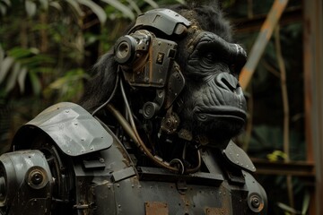 Aufkleber - A realistic and textured close-up of a robotic gorilla in a steampunk style with intricate mechanical details