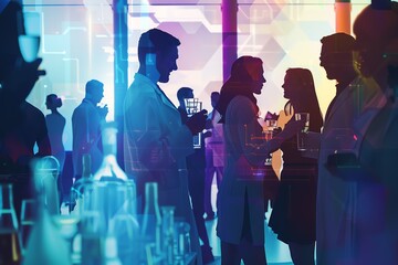 Silhouettes of people networking and chatting at a vibrant event or party with colorful abstract lighting in the background.