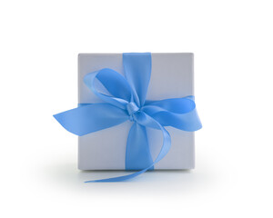 White gift box with blue ribbon bow isolated on white background