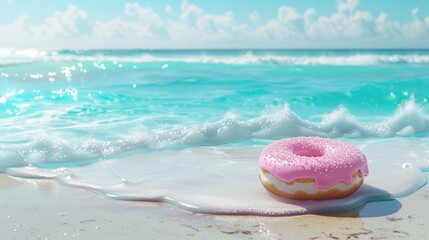 Wall Mural - Pink melting donut on beautiful sand beach in front of turquoise blue sea. Summer concept background. 3D Rendering, 3D Illustration