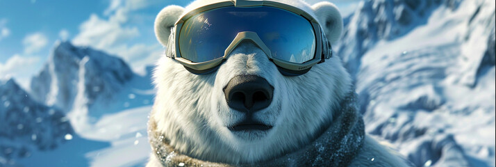 close-up of a polar bear wearing ski goggles.