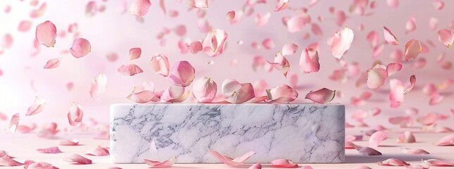 Wall Mural - product podium with marble block, pink rose petals flying around, pastel background, soft lighting, ultra realistic photography