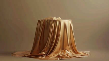 Wall Mural - Product presentation pedestal covered with a gold silk cloth. Generative ai