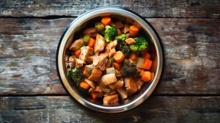 Mixed dry dog food with boiled chicken carrots and broccoli in the dog s food bowl