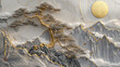 © 榛甜颗栗设计 - Chinese Style Gold and Silver Pine Tree Relief Carving on Mountain Landscape with Golden Sun and Moon, High Resolution 3D Rendering on Light Gray Marble Texture