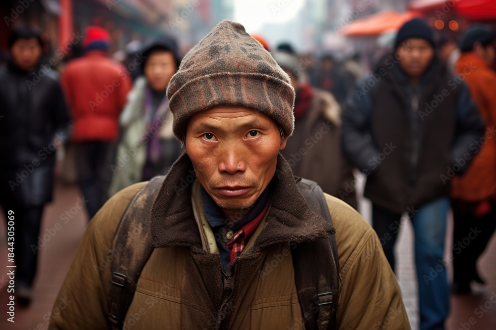 A man wearing a hat and a backpack stands in a crowd of people