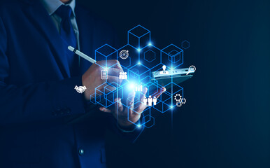 Wall Mural - blockchain technology transaction concept. businessman use laptop on blockchain global networking, d