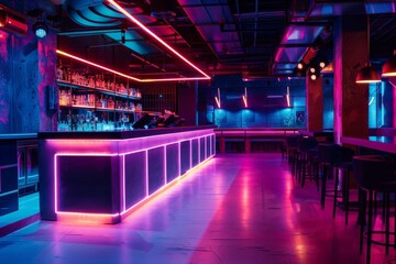 Wall Mural - A modern nightclub bar with contemporary design elements and neon lighting in shades of pink and blue