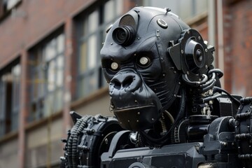 Aufkleber - Detailed close-up of a robotic gorilla face with intricate mechanical components and urban background