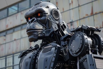 Aufkleber - High-resolution image of a robotic gorilla face with red eyes and intricate mechanical parts