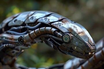 Aufkleber - This image features a high-tech robotic snake with intricate mechanical details and visible wear, suggesting advanced technology