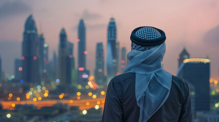 A man wearing a turban stands in front of a city skyline at dusk