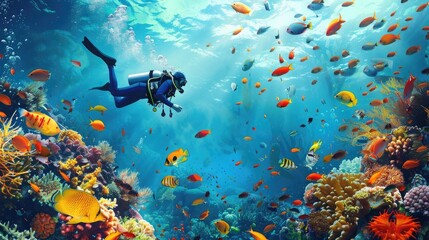 Wall Mural - Scuba diver and tropical fish in a colorful and healthy underwater coral reef ecosystem