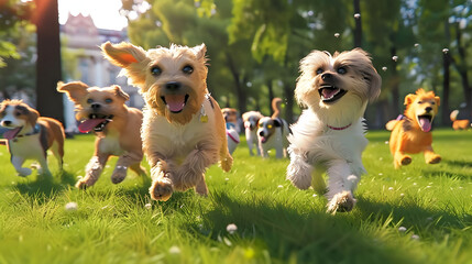 Cute funny dogs group running and playing on green grass in park, Generative AI