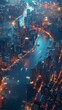 © AlexCaelus - aerial view of a bustling cityscape intertwining with vibrant, pulsating bioluminescent flora using photorealistic digital rendering techniques