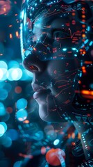 Wall Mural - futuristic digital portrait with vibrant neon lighting and abstract cosmic elements