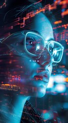 Wall Mural - futuristic cyborg face in glowing neon cyberspace digital concept