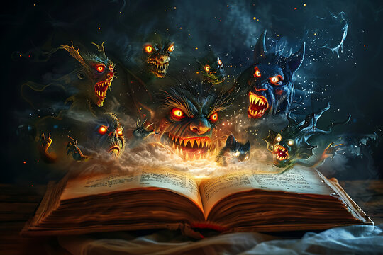 An open book of fairy tales with scary characters.