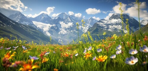 Wall Mural - A serene alpine meadow, with wildflowers blooming beneath snow-capped peaks, and the distant sound of cowbells ringing softly in the mountain air. 32k, full ultra HD, high resolution