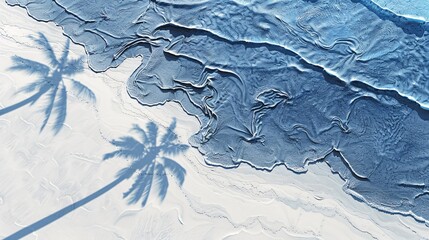 Wall Mural - A blue ocean with a white shoreline and a palm tree in the foreground