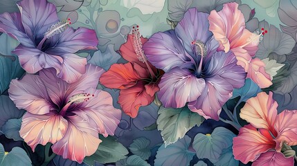 Wall Mural - A painting of a bunch of purple and pink flowers with red tips