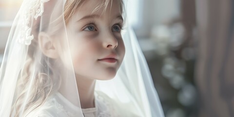 Wall Mural - Small girl in white dress and veil  in church on her First Holy Communion. Banner with copyspace. Shallow depth of field. 