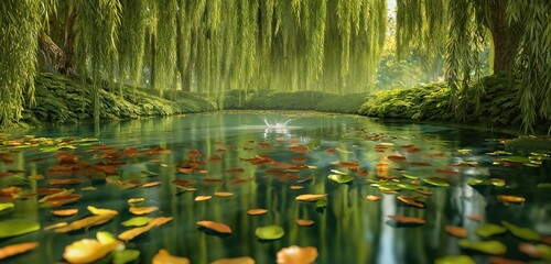 Wall Mural - A tranquil pond surrounded by weeping willows, with their leaves rustling softly in the breeze and the occasional splash of a frog jumping into the water. 32k, full ultra HD, high resolution