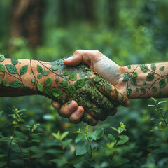 Wall Mural - Environment protection concept. Two handshake one human and green hand with leaves symbolizing nature. 