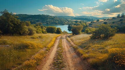 Wall Mural - A road in the middle of a field with a lake in the background