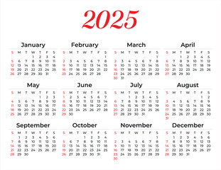 Classic simple red new year 2025 english calendar template, plan and organize vector