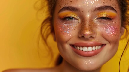 Canvas Print - Beautiful lady wearing vibrant makeup and sparkly freckles against a yellow backdrop Room for adding text