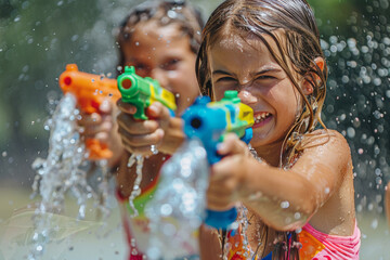 Wall Mural - children_playing_with_water_pistols