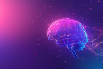 A transparent brain on a purple-blue background with abstract lines, representing intelligence, creativity, and modern technology