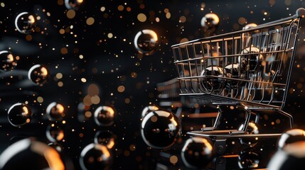 Sleek Black Friday banner with shiny 3D elements and floating shopping carts