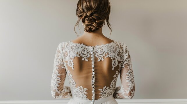 back view of a bride in an elegant lace wedding dress, with her hair styled in a sophisticated updo,