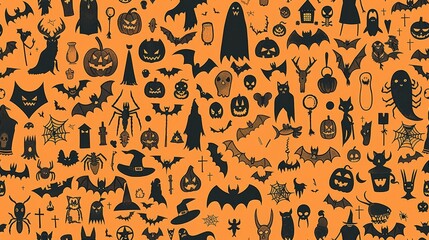 Playful Halloween pattern with skulls, bats, ghosts, and pumpkins on an orange background, creating a festive, spooky design.