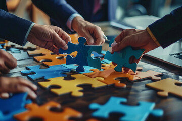 Wall Mural - Concept of teamwork and partnership. Hands join puzzle pieces in the office. business people putting the jigsaws team together.Charity, volunteer. Unity, team business.