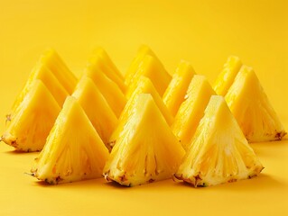 Pineapple triangle slices Standing and placed in order, vertical placement Standing and placed in orderlow angle shot yellow solid background, cinematic, canon