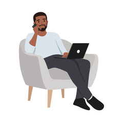 Young man working online from home, sitting in comfy armchair. Flat vector illustration isolated on white background