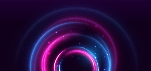 abstract technology futuristic neon glowing blue and pink light lines with lighting effect on dark b