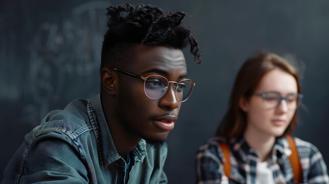  A black male student wearing glasses is sitting next to his female friend, both looking at the camera with their backs turned and focused on studying in front of an open chalkboard background. 