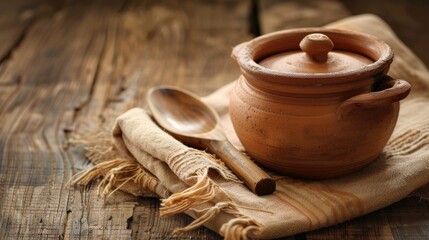 Wall Mural - Rural arrangement Clay pot spoon and dish on fabric napkin Wooden backdrop with soft color