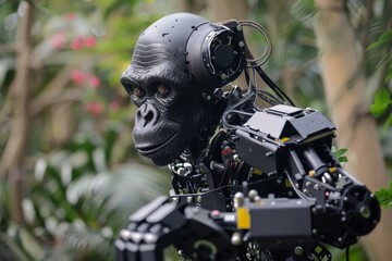 Aufkleber - A portrait of a convincing robotic gorilla head showing complex mechanical and electronic parts