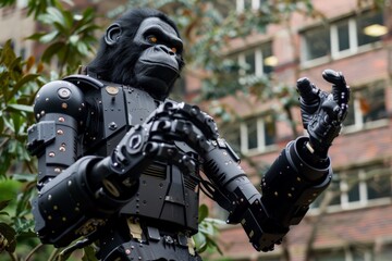 Aufkleber - A life-like robotic gorilla with detailed mechanical components in front of a building facade