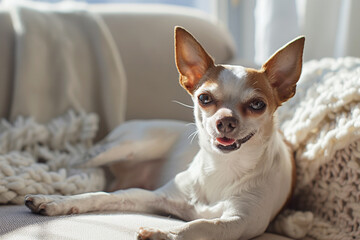 small, white brown chihuahua dog lays on soft chair with white knitted blanket in background
