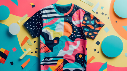 A paper mockup of a retro-themed t-shirt design, with funky patterns and psychedelic colors, against a backdrop of vintage vibes