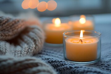 Aufkleber - Warm candles and a soft knit blanket create a tranquil atmosphere, perfect for relaxation and meditation