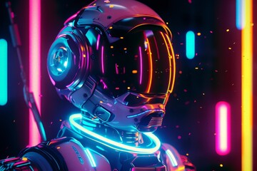 Aufkleber - A striking image of a futuristic robot with a reflective surface illuminated by vivid neon lights, creating a cybernetic vibe
