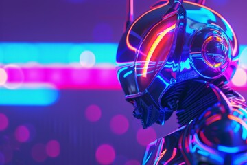 Aufkleber - A side profile image of a futuristic robot head against a blurred background with intense neon lighting effects