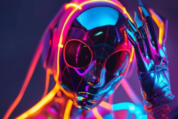 Aufkleber - Close-up of a robot's head donning sunglasses with neon lights in the background, bringing a cool vibe